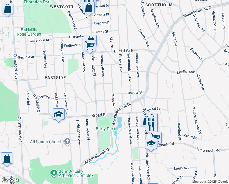 map of restaurants, bars, coffee shops, grocery stores, and more near 205 Miles Avenue in Syracuse