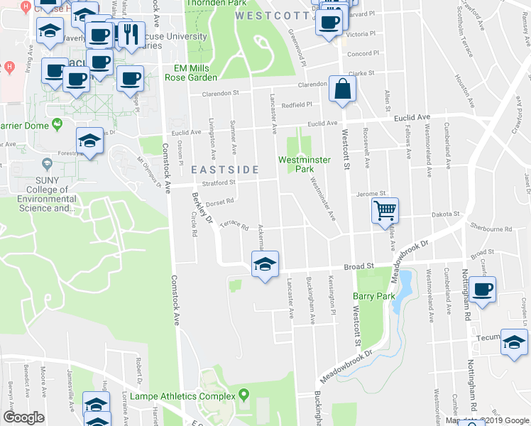 map of restaurants, bars, coffee shops, grocery stores, and more near 925-27 Ackerman Avenue in Syracuse