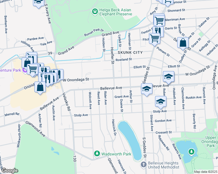 map of restaurants, bars, coffee shops, grocery stores, and more near 1629 West Onondaga Street in Syracuse