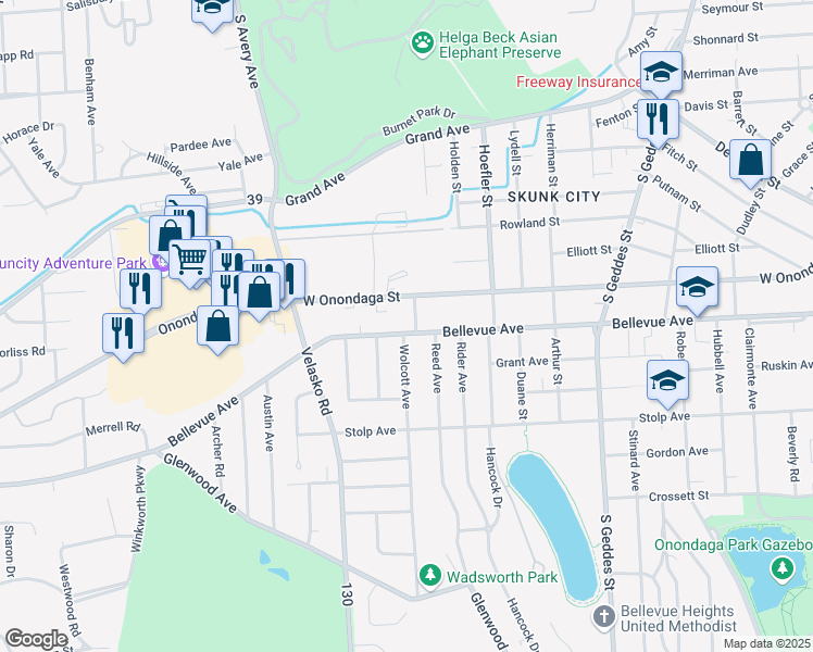 map of restaurants, bars, coffee shops, grocery stores, and more near 1715 West Onondaga Street in Syracuse