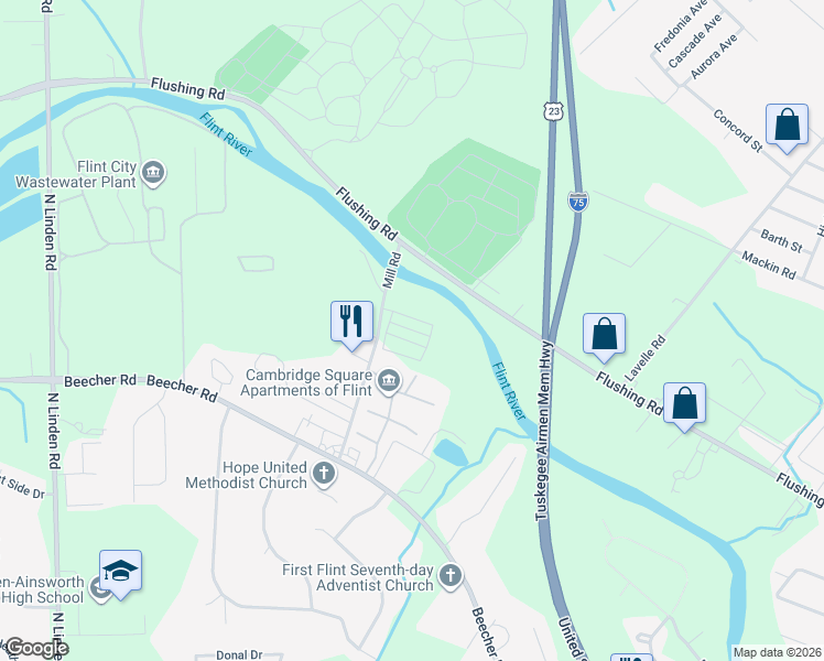 map of restaurants, bars, coffee shops, grocery stores, and more near Poplar Ln in Flint