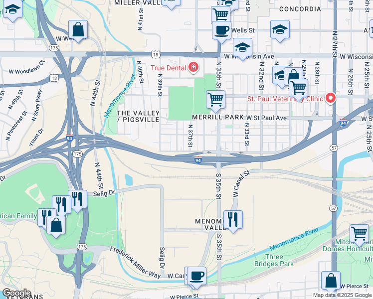 map of restaurants, bars, coffee shops, grocery stores, and more near 234 North 37th Street in Milwaukee
