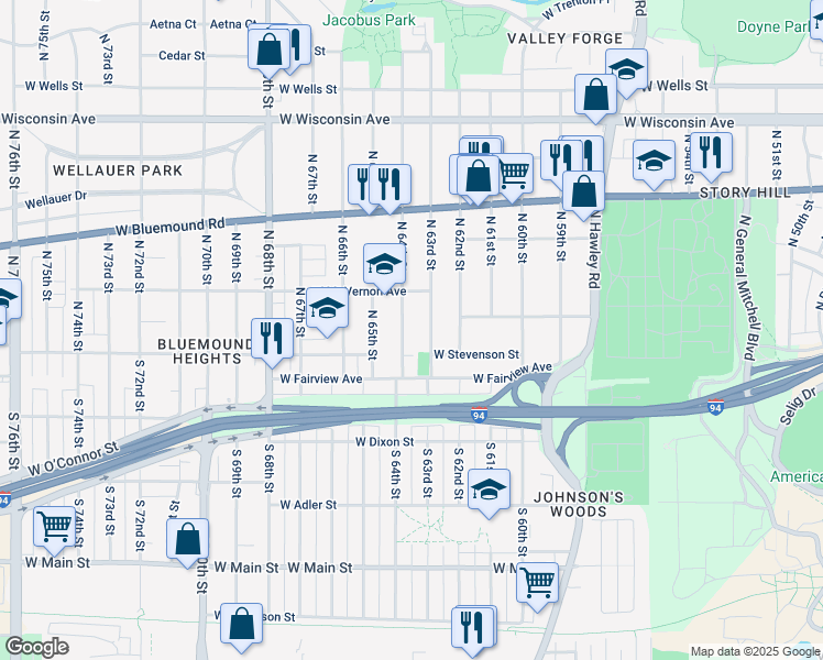 map of restaurants, bars, coffee shops, grocery stores, and more near 217 North 63rd Street in Milwaukee