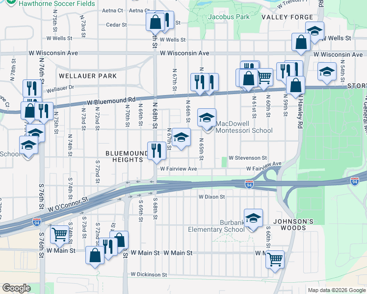map of restaurants, bars, coffee shops, grocery stores, and more near 217 North 66th Street in Milwaukee
