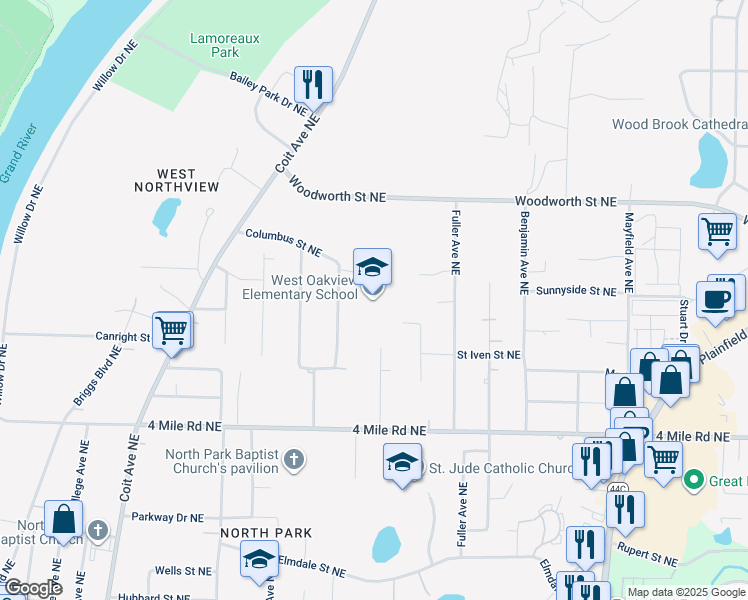 map of restaurants, bars, coffee shops, grocery stores, and more near 3880 Stuyvesant Avenue Northeast in Grand Rapids