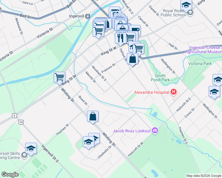 map of restaurants, bars, coffee shops, grocery stores, and more near 242 Wonham Street South in Ingersoll