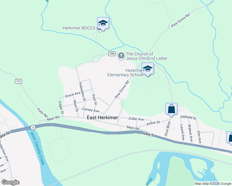 map of restaurants, bars, coffee shops, grocery stores, and more near 165 Pine Grove Road in Herkimer