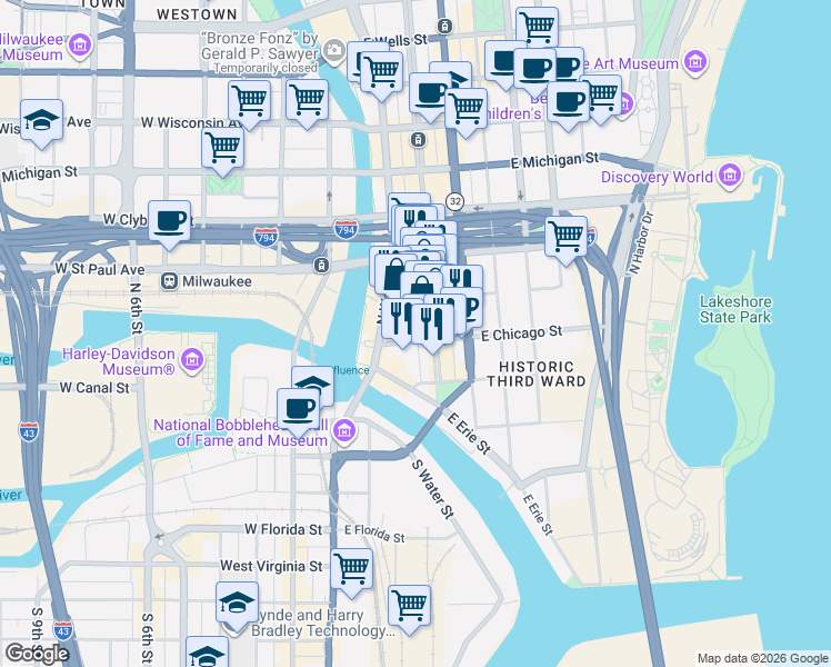 map of restaurants, bars, coffee shops, grocery stores, and more near 254 East Chicago Street in Milwaukee