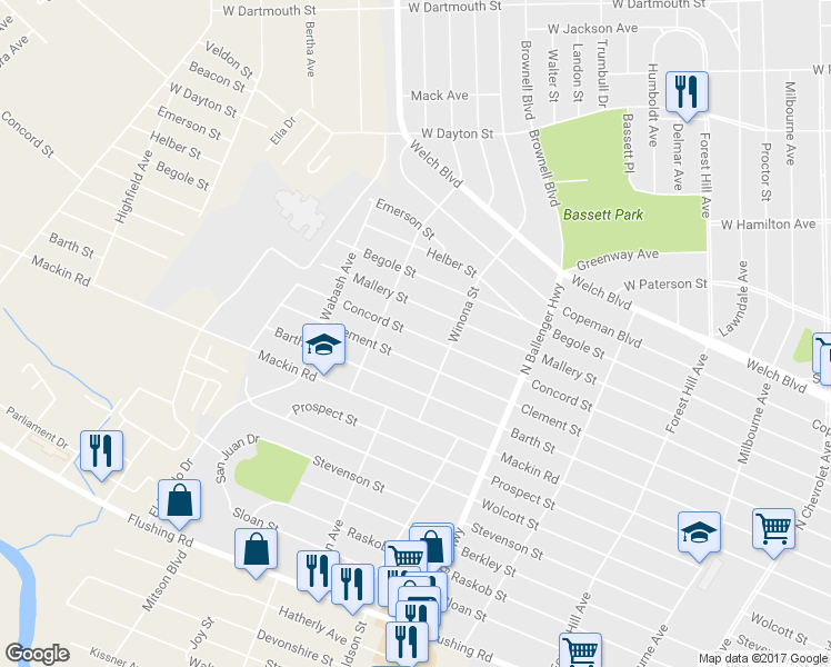 map of restaurants, bars, coffee shops, grocery stores, and more near Concord Street in Flint