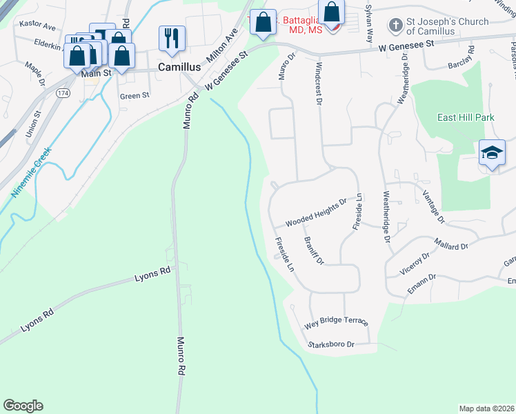 map of restaurants, bars, coffee shops, grocery stores, and more near 112 Fireside Lane in Camillus