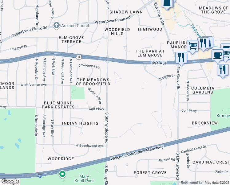 map of restaurants, bars, coffee shops, grocery stores, and more near 250 North Sunnyslope Road in Brookfield