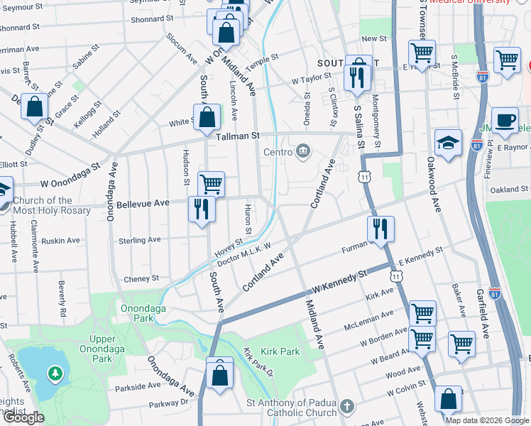 map of restaurants, bars, coffee shops, grocery stores, and more near 114 Hovey Street in Syracuse