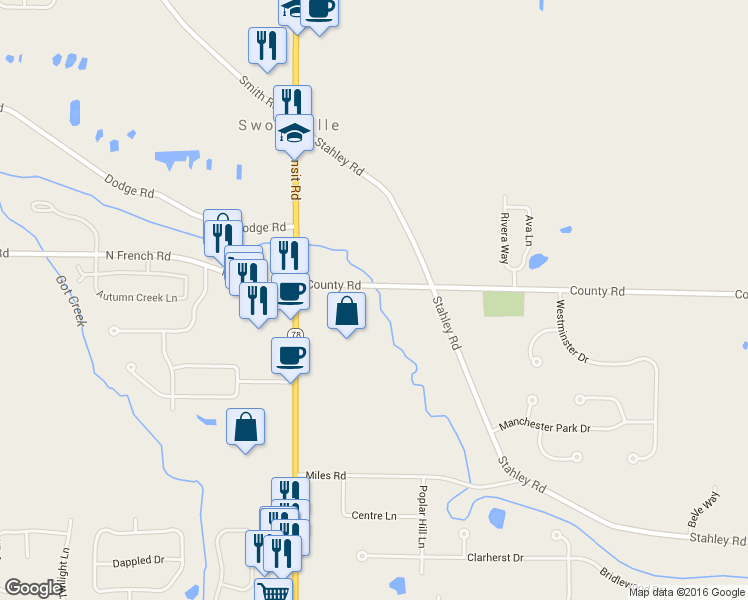 map of restaurants, bars, coffee shops, grocery stores, and more near 8085 County Road in East Amherst