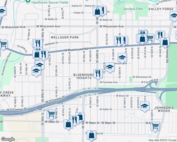 map of restaurants, bars, coffee shops, grocery stores, and more near 215 North 69th Street in Milwaukee