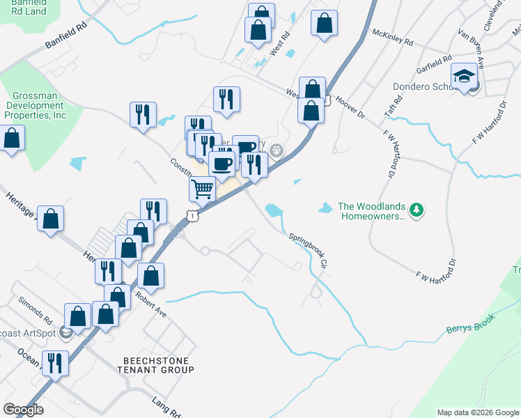 map of restaurants, bars, coffee shops, grocery stores, and more near 2299 Lafayette Road in Portsmouth