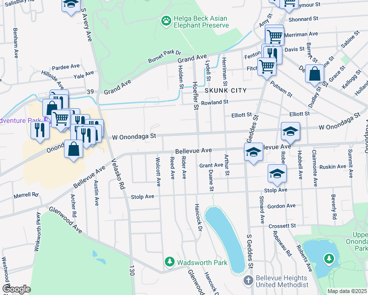 map of restaurants, bars, coffee shops, grocery stores, and more near 1629 West Onondaga Street in Syracuse