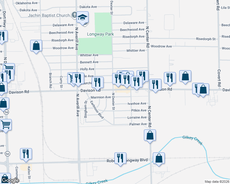map of restaurants, bars, coffee shops, grocery stores, and more near 3707 Davison Road in Flint