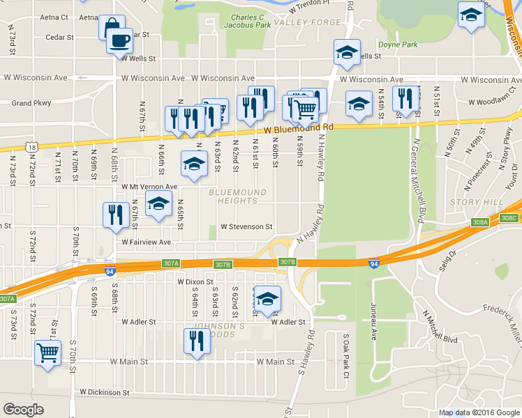 map of restaurants, bars, coffee shops, grocery stores, and more near 210 North 61st Street in Milwaukee
