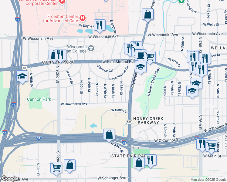 map of restaurants, bars, coffee shops, grocery stores, and more near 185 North 86th Street in Wauwatosa
