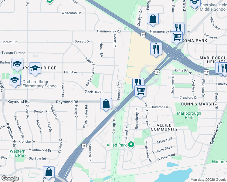 map of restaurants, bars, coffee shops, grocery stores, and more near 1811 Reetz Road in Madison