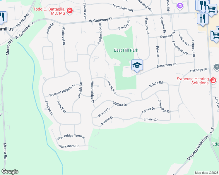 map of restaurants, bars, coffee shops, grocery stores, and more near 207 Vantage Drive in Camillus