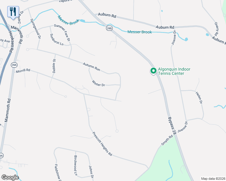 map of restaurants, bars, coffee shops, grocery stores, and more near 20 Winter Drive in Hooksett