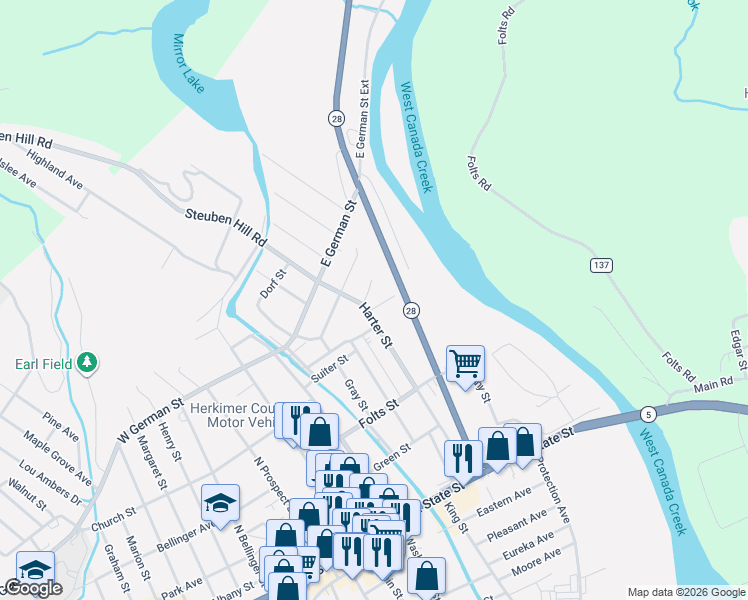 map of restaurants, bars, coffee shops, grocery stores, and more near 408 Gilbert Street in Herkimer