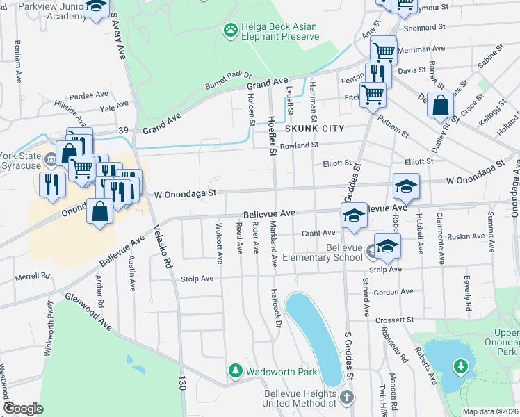 map of restaurants, bars, coffee shops, grocery stores, and more near 1629 West Onondaga Street in Syracuse
