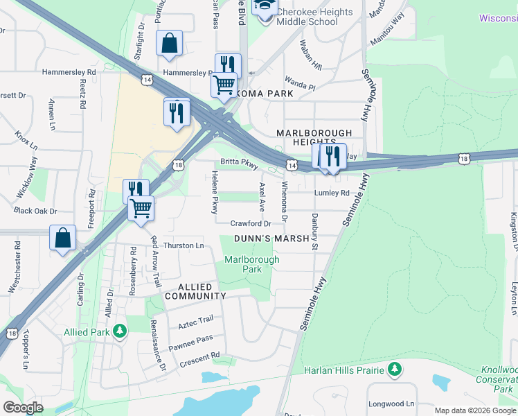 map of restaurants, bars, coffee shops, grocery stores, and more near 1901 Axel Avenue in Madison