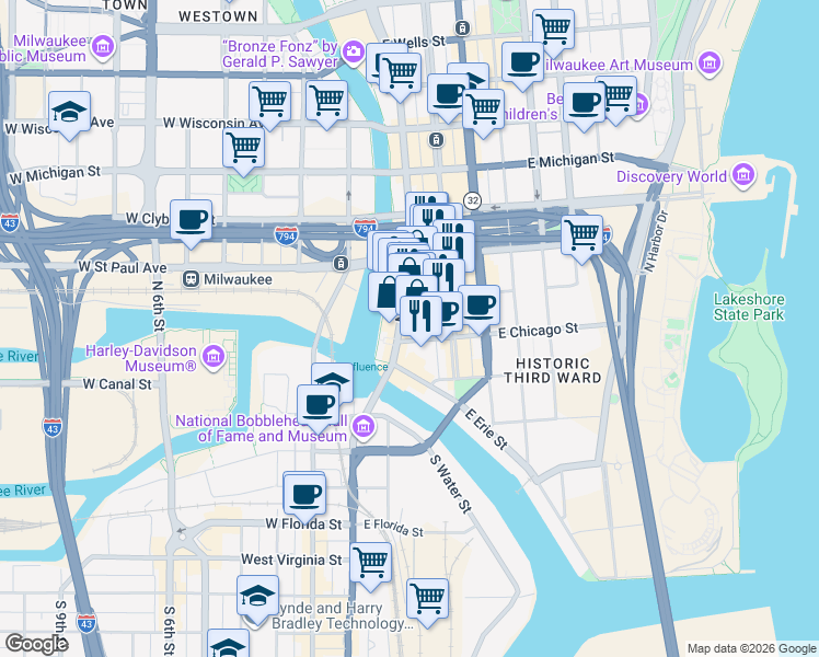 map of restaurants, bars, coffee shops, grocery stores, and more near 222 East Chicago Street in Milwaukee