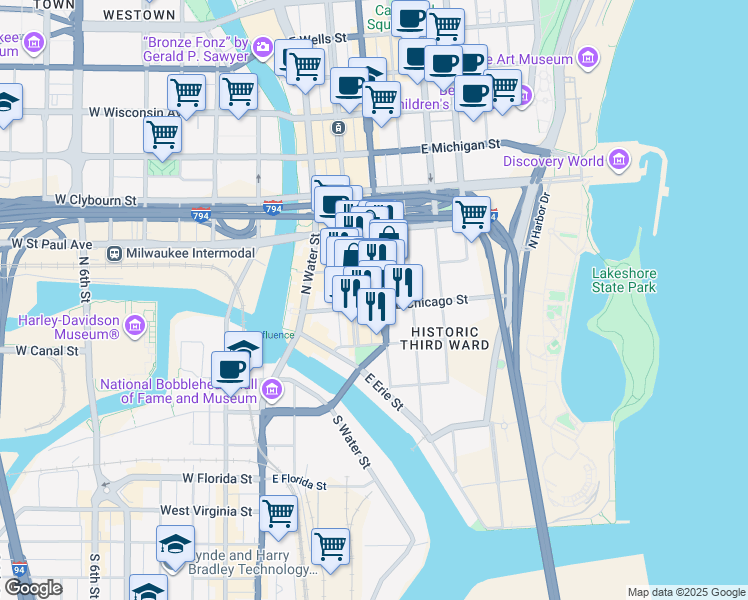 map of restaurants, bars, coffee shops, grocery stores, and more near 233 North Milwaukee Street in Milwaukee