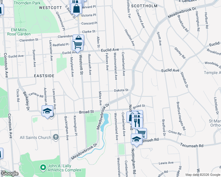 map of restaurants, bars, coffee shops, grocery stores, and more near 665 Fellows Avenue in Syracuse