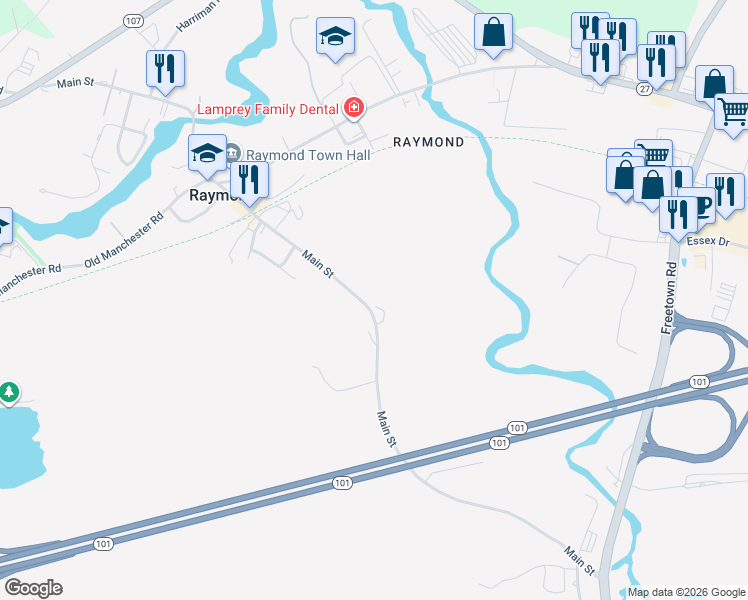 map of restaurants, bars, coffee shops, grocery stores, and more near 102 Main Street in Raymond