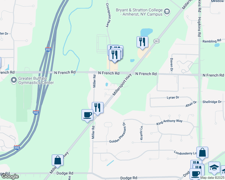 map of restaurants, bars, coffee shops, grocery stores, and more near 24 Sean Riley Court in Getzville