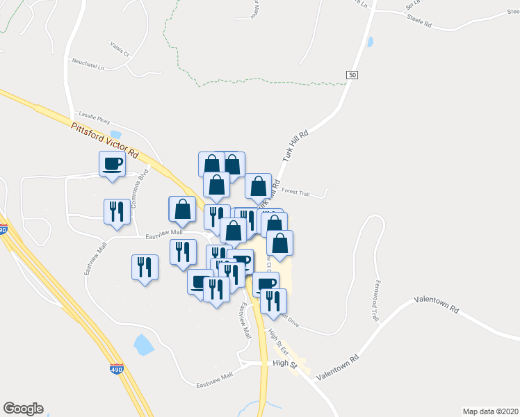 map of restaurants, bars, coffee shops, grocery stores, and more near 101 Turk Hill Road in Victor