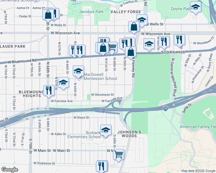 map of restaurants, bars, coffee shops, grocery stores, and more near 6029 West Park Hill Avenue in Milwaukee