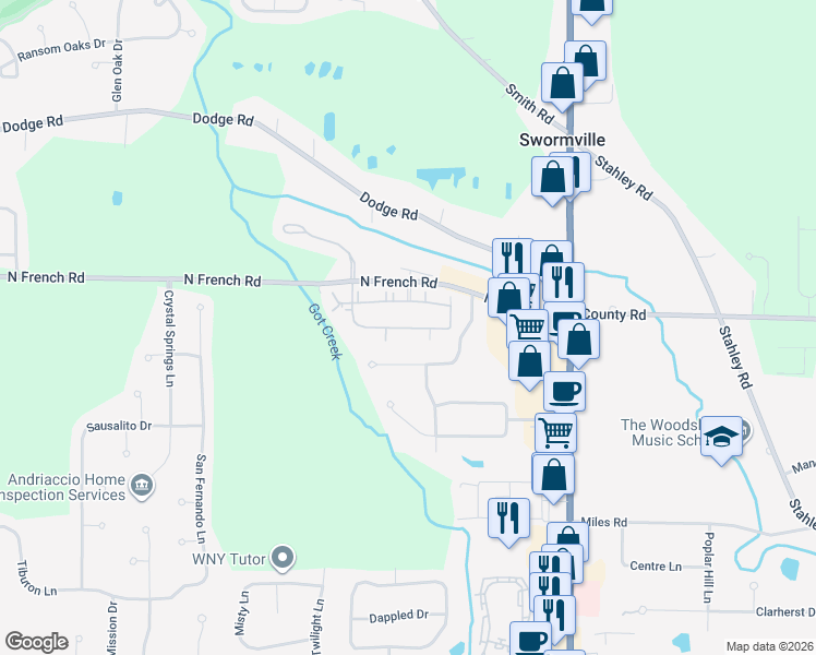 map of restaurants, bars, coffee shops, grocery stores, and more near 70 Autumn Creek Lane in East Amherst