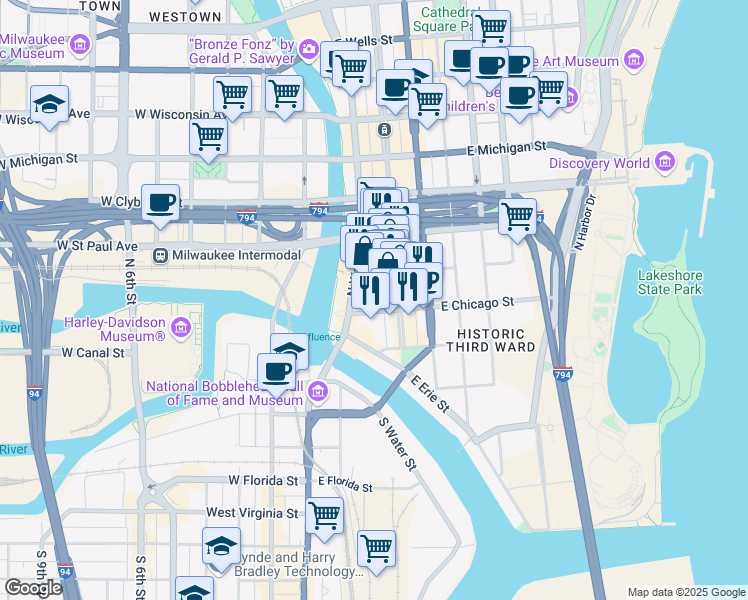 map of restaurants, bars, coffee shops, grocery stores, and more near in Milwaukee