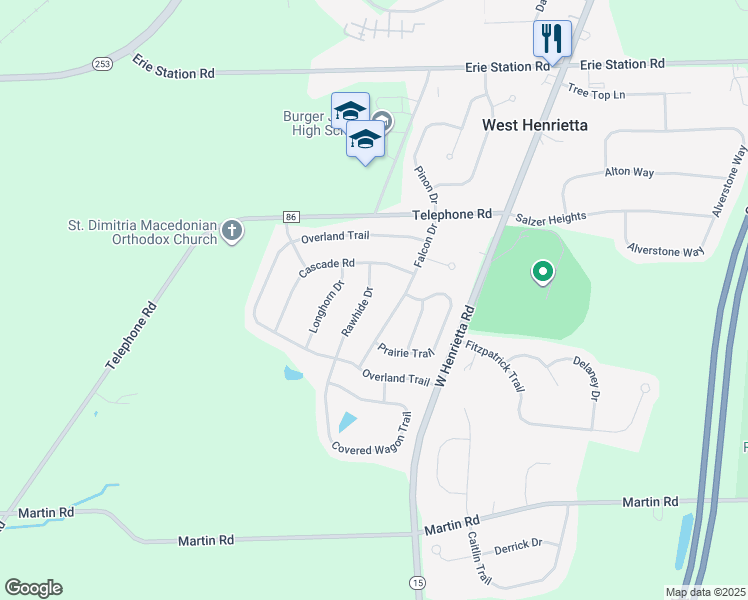map of restaurants, bars, coffee shops, grocery stores, and more near 20 Rawhide Drive in West Henrietta