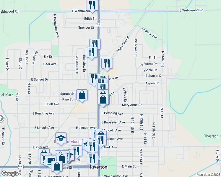 map of restaurants, bars, coffee shops, grocery stores, and more near 845 North Federal Boulevard in Riverton