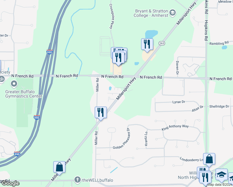 map of restaurants, bars, coffee shops, grocery stores, and more near 3310 Millersport Highway in Getzville