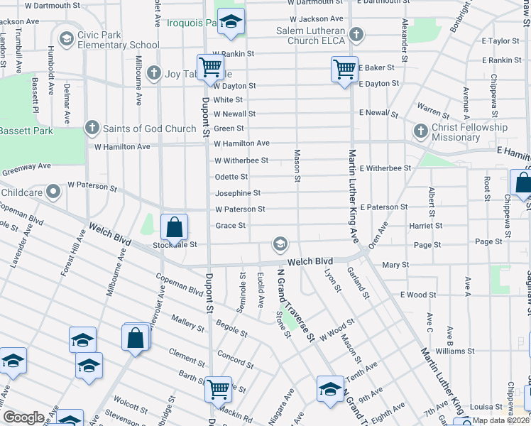 map of restaurants, bars, coffee shops, grocery stores, and more near 326 West Paterson Street in Flint