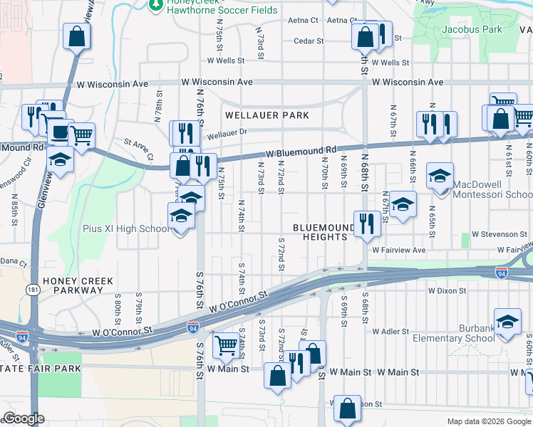 map of restaurants, bars, coffee shops, grocery stores, and more near 222 North 73rd Street in Milwaukee