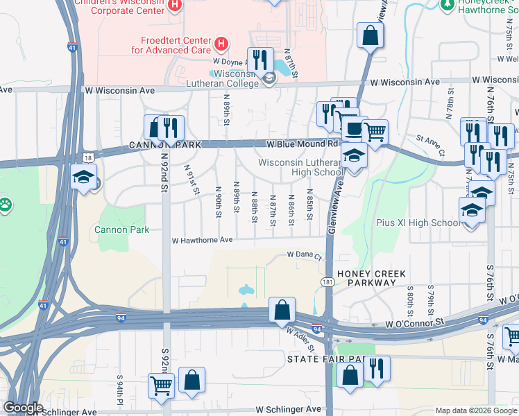 map of restaurants, bars, coffee shops, grocery stores, and more near 184 North 88th Street in Wauwatosa