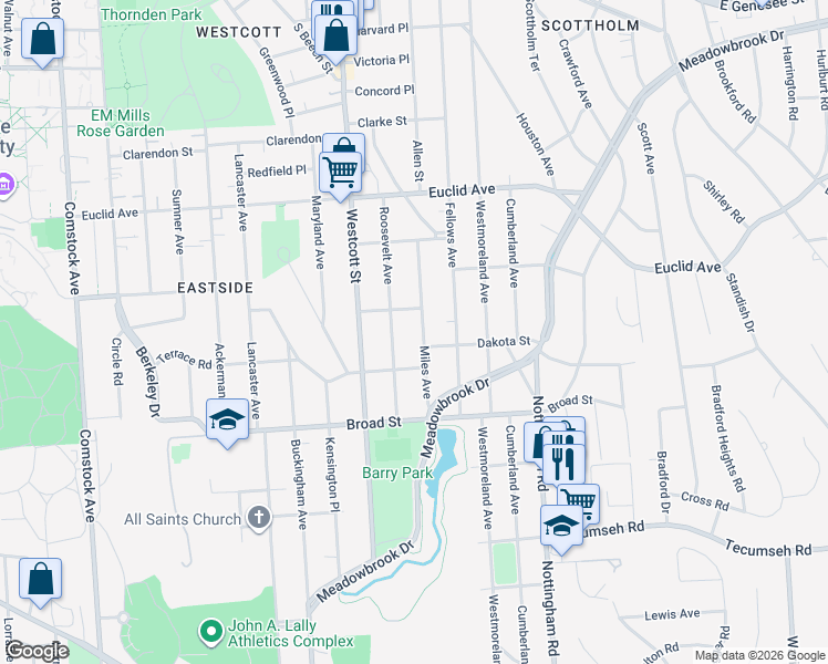 map of restaurants, bars, coffee shops, grocery stores, and more near 205 Miles Avenue in Syracuse