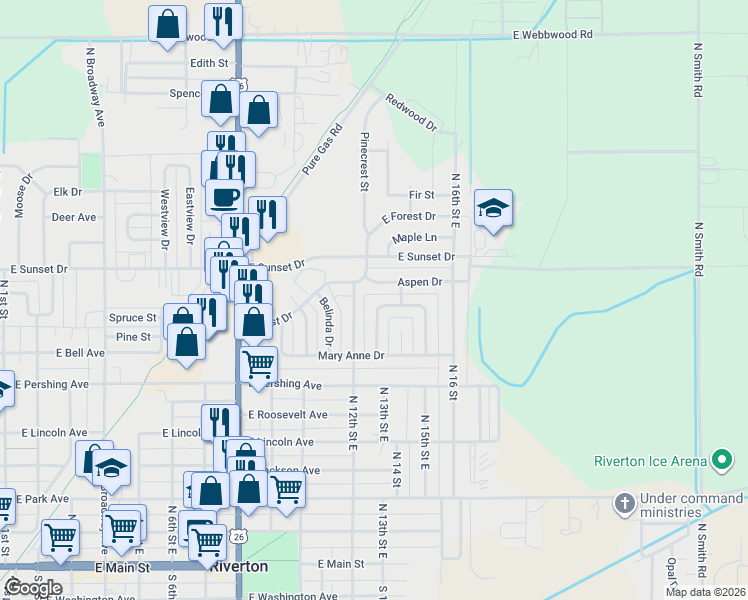 map of restaurants, bars, coffee shops, grocery stores, and more near 1209 Aspen Drive in Riverton