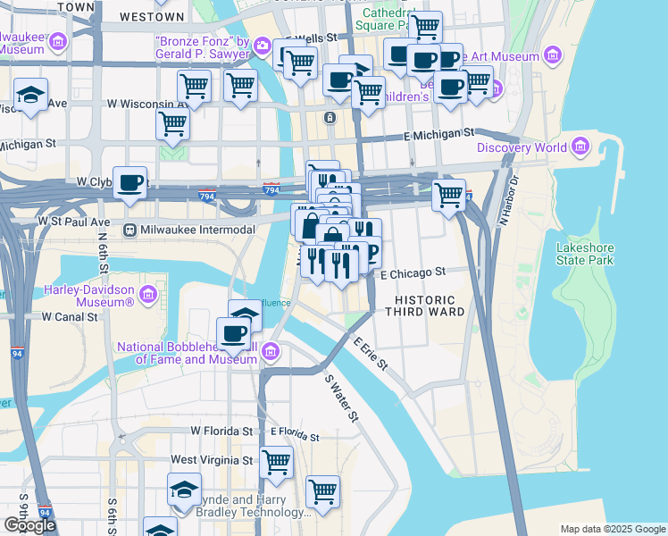 map of restaurants, bars, coffee shops, grocery stores, and more near 213 North Broadway in Milwaukee