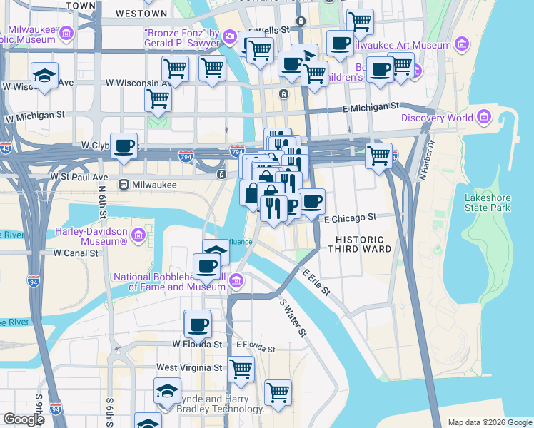 map of restaurants, bars, coffee shops, grocery stores, and more near 226 North Water Street in Milwaukee