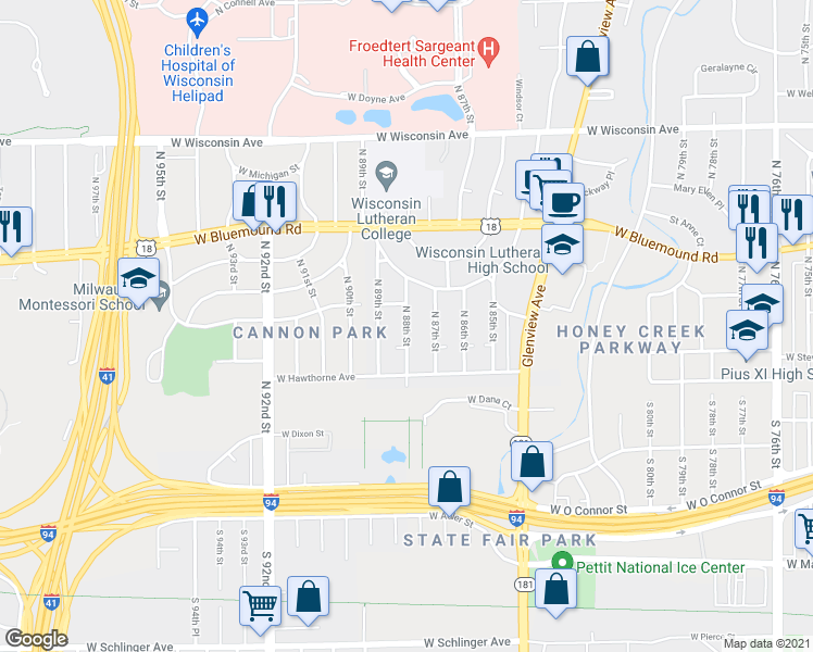map of restaurants, bars, coffee shops, grocery stores, and more near North 88th Street in Wauwatosa