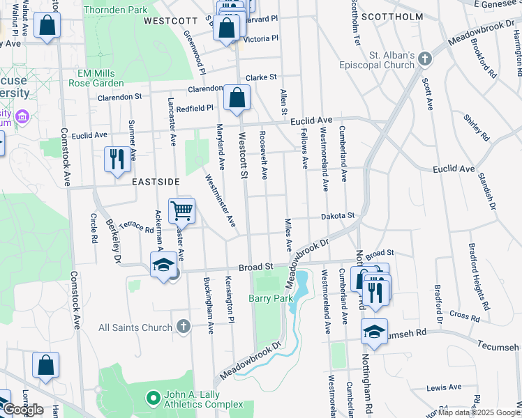 map of restaurants, bars, coffee shops, grocery stores, and more near 316 Roosevelt Avenue in Syracuse